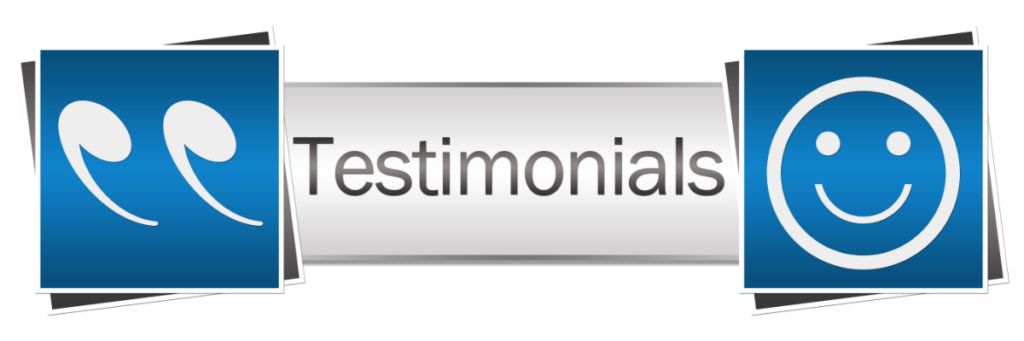 Testimonials showing a happy face and inverted comma