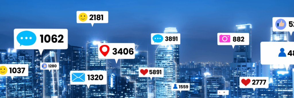 Social media engagements numbers with city background