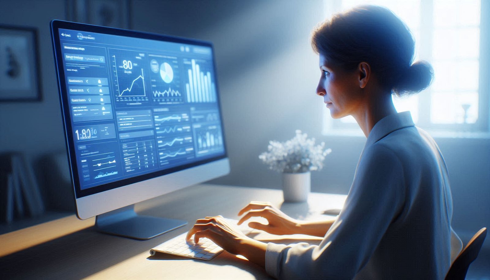 Woman analysing data on computer screen