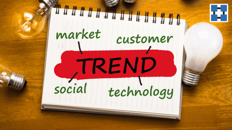 Notebook highlighting trend concepts: market, customer, technology.